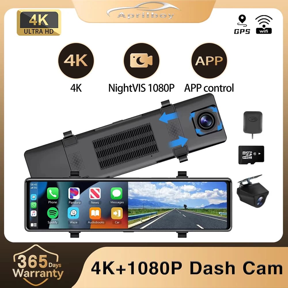 Aprilboy C37 12 '' 4K Dash Cam Carplay with Wireless Android Auto Loop WiFi Bluetooth Navigation Touchscreen DVR for car