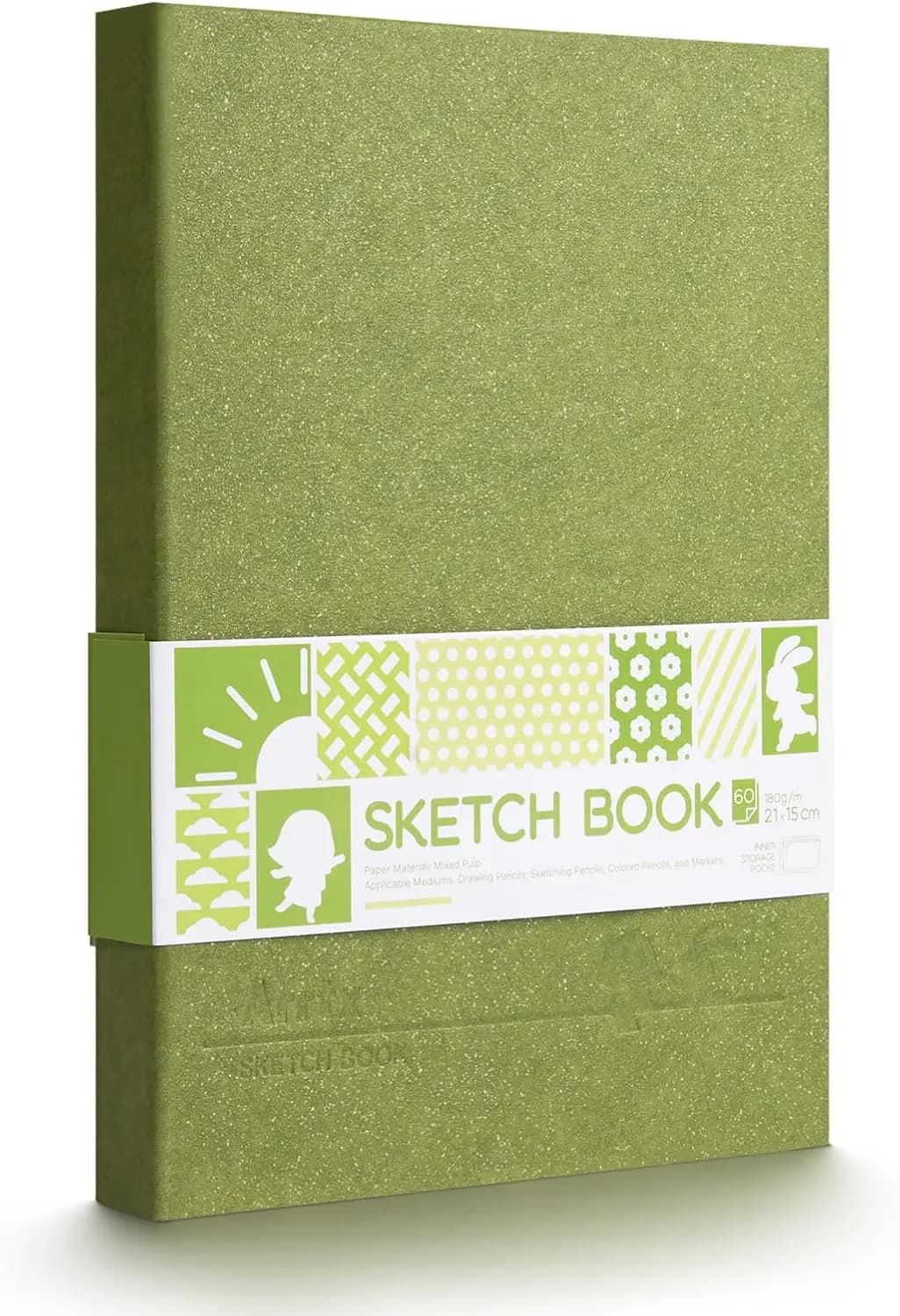 Premium Hardcover Sketch Book, 60 Sheets/120 Pages, 180 GSM Thick Acid-Free Drawing Paper, Hardbound Sketch Pad with Inner Pocket, Green 8.5"x6.1" Sketchbook