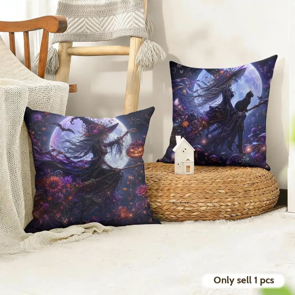 Midnight Moon Witch Cushion Cover Linen Throw Soft Decorative for Bed Sofa Car Home Decor Pillowcase 45x45cm