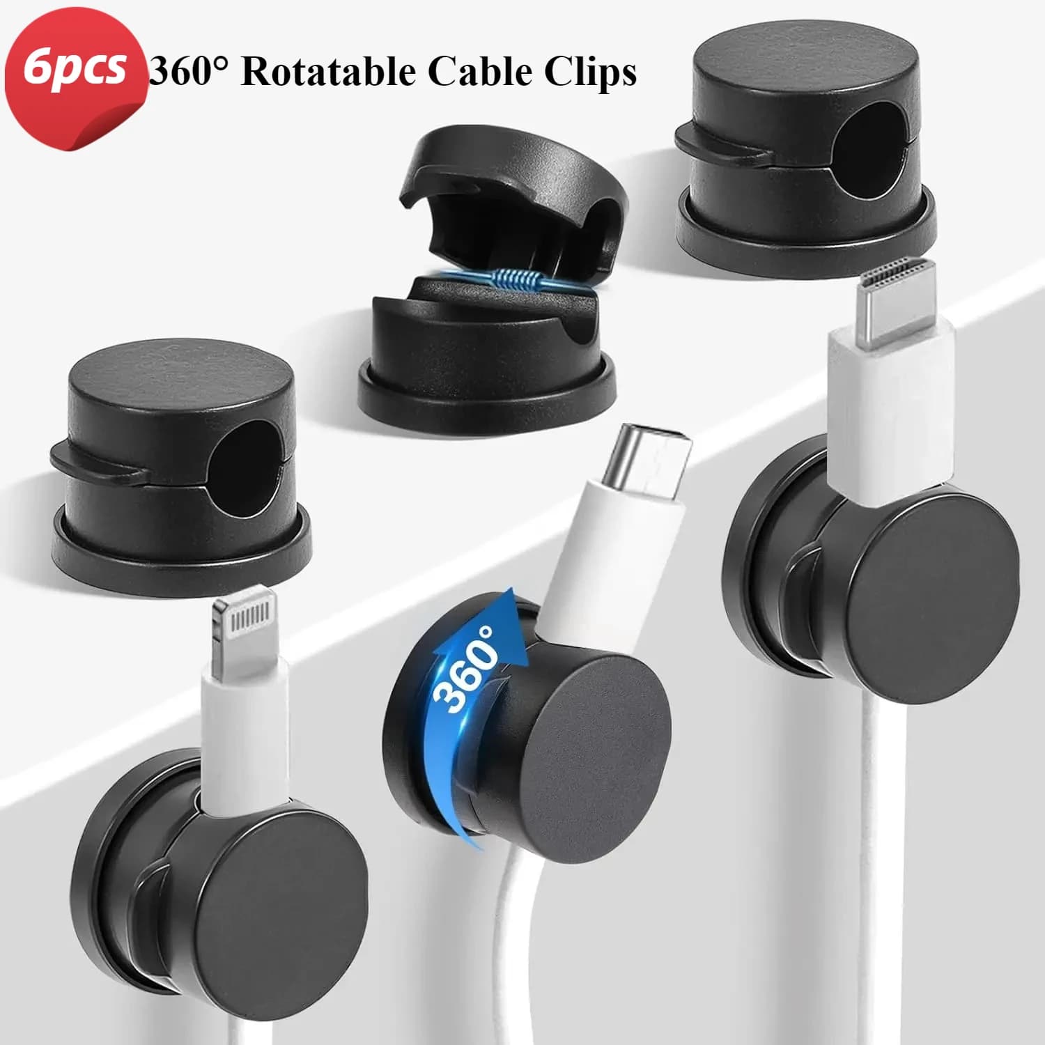 6PC 360 ° Clip per Cavi Girevoli, Organizzatore di Cavi con Adesivo Forte, Supporto Regolabile per Fili per Scrivania, Casa, Cucina, Ufficio, Camper