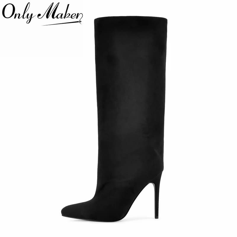 Onlymaker Black Faux Suede Knee High Boots Wide Shaft Pointed Toe Stiletto Heel Pull-On Fall Winter Formal Daily Dress Boots