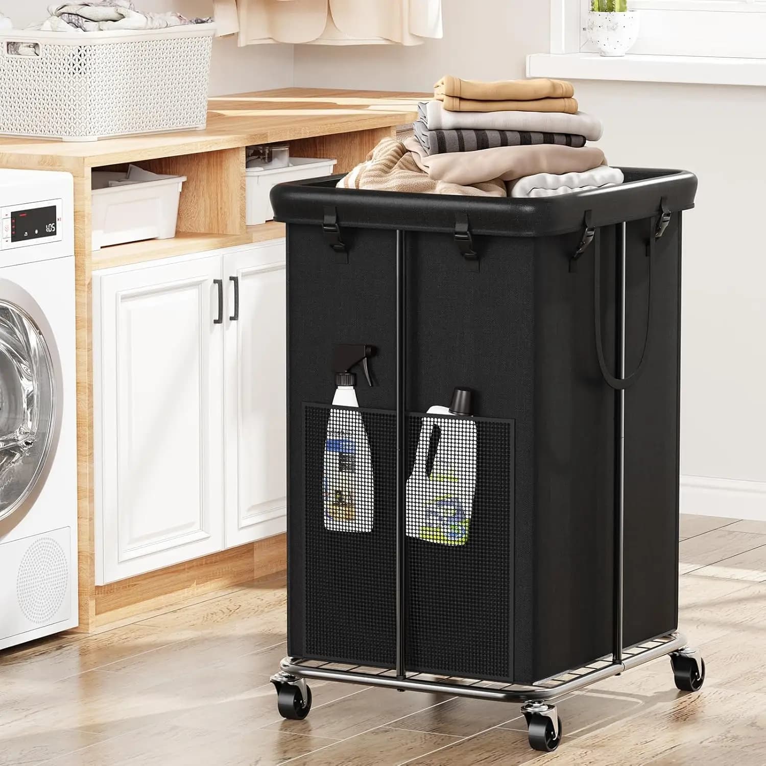Cesto Portabiancheria con Ruote da 150L, Borsa Rimovibile e Telaio in Metallo, Cesto Portabiancheria in Tessuto Oxford per Camera da Letto, Bagno, Dormitorio
