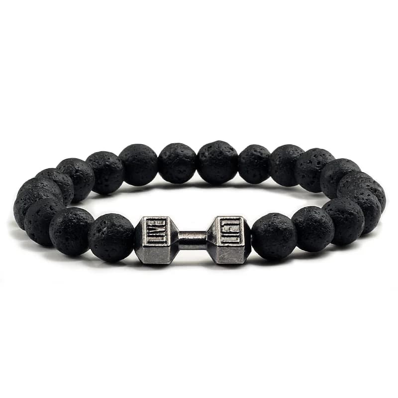 Men's Natural Volcano Stone Bracelet, Opaque Black, with White Pearls, Handlebar Shape Pendant, Women's Thread Bracelets, Fitness Jewelry with Bar