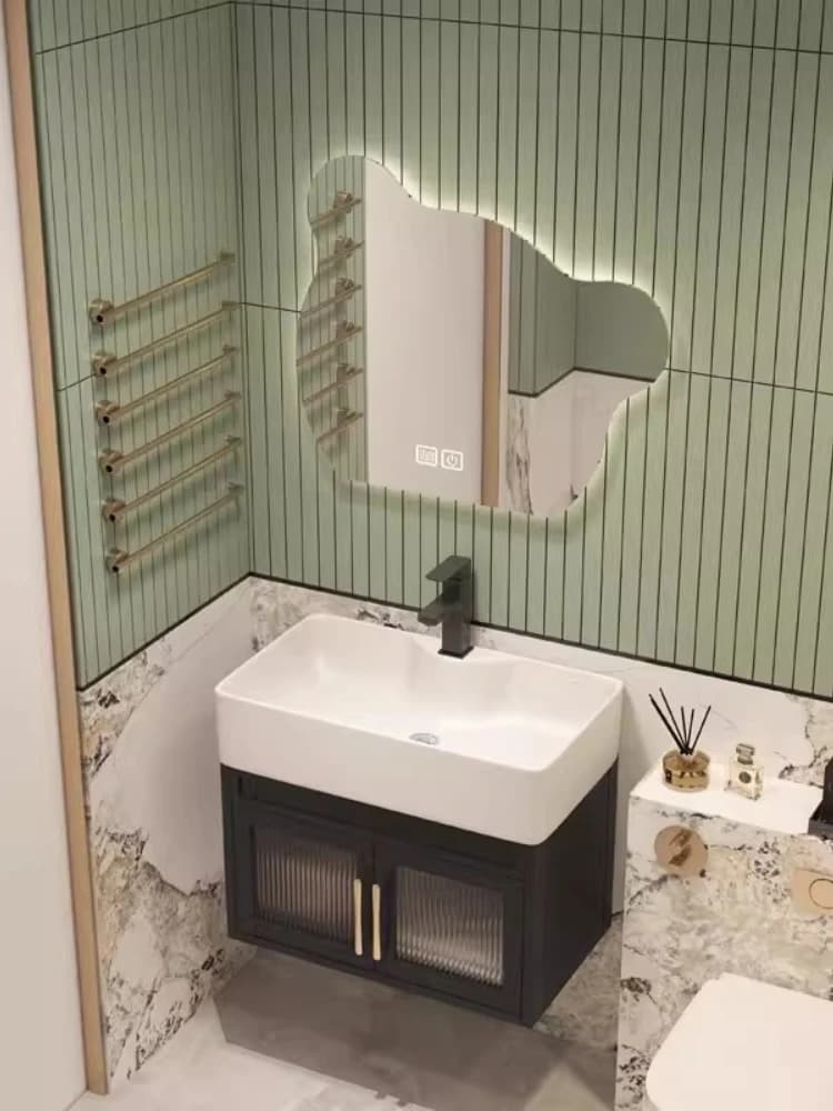 Lavabo da bagno/balcone a parete in alluminio nero, semplice e compatto, con mobiletto a specchio per piccoli appartamenti
