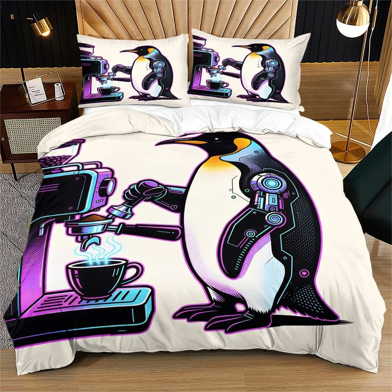Cute Coffee Penguin Print Duvet Cover Set Comforter Cover Bedding Set No Filler Soft For Bedroom Retro Home Decor Bed Linens