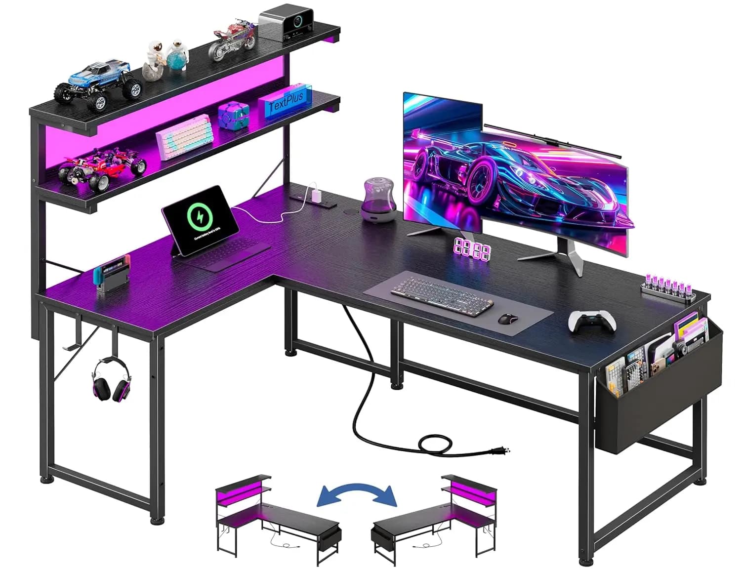 Scrivania da Gaming a L da 53 Pollici con Luce LED, Presa di Corrente, Ripiano Reversibile, Borsa Portaoggetti, Gancio per Cuffie, Personalizzabile per Casa e Ufficio
