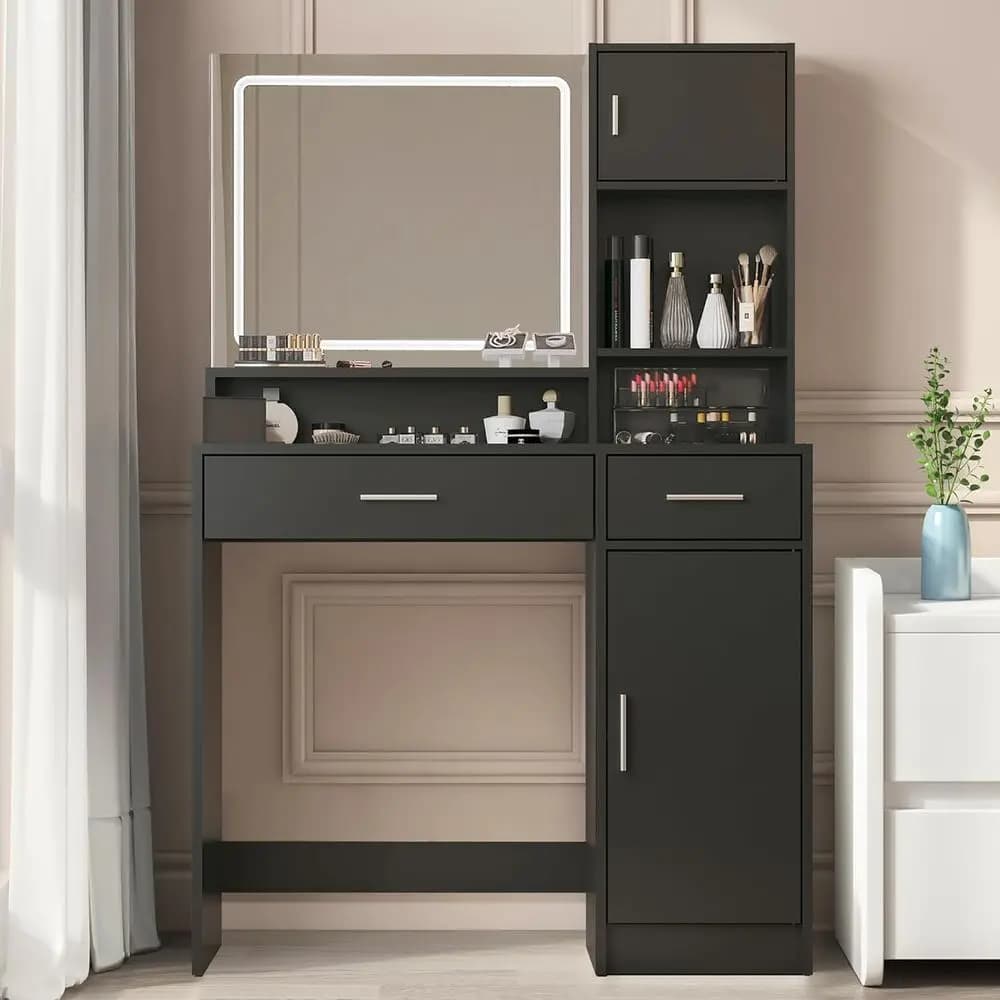 LED Light Mirror Vanity Desk with Large Drawer & 3-Tier Storage, Adjustable Brightness, Ideal for Makeup, Bedroom, Bathroom, Liv