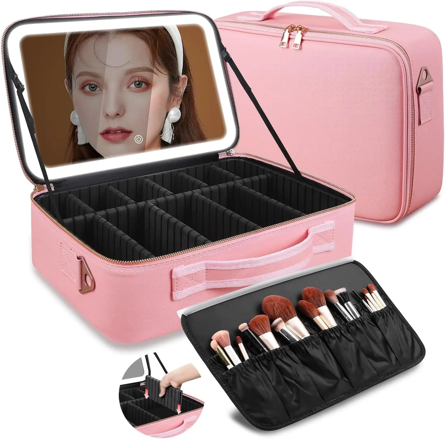 15'''X11'' Large Capacity Makeup Bag with 3 Color LED Mirror, Travel Cosmetic Organizer