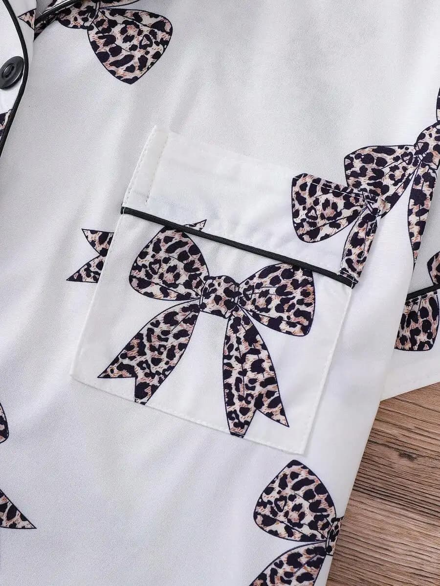 Women Bow Leopard Print Pajama Set Short Sleeve Lapel Button Top Loose Elastic Shorts
