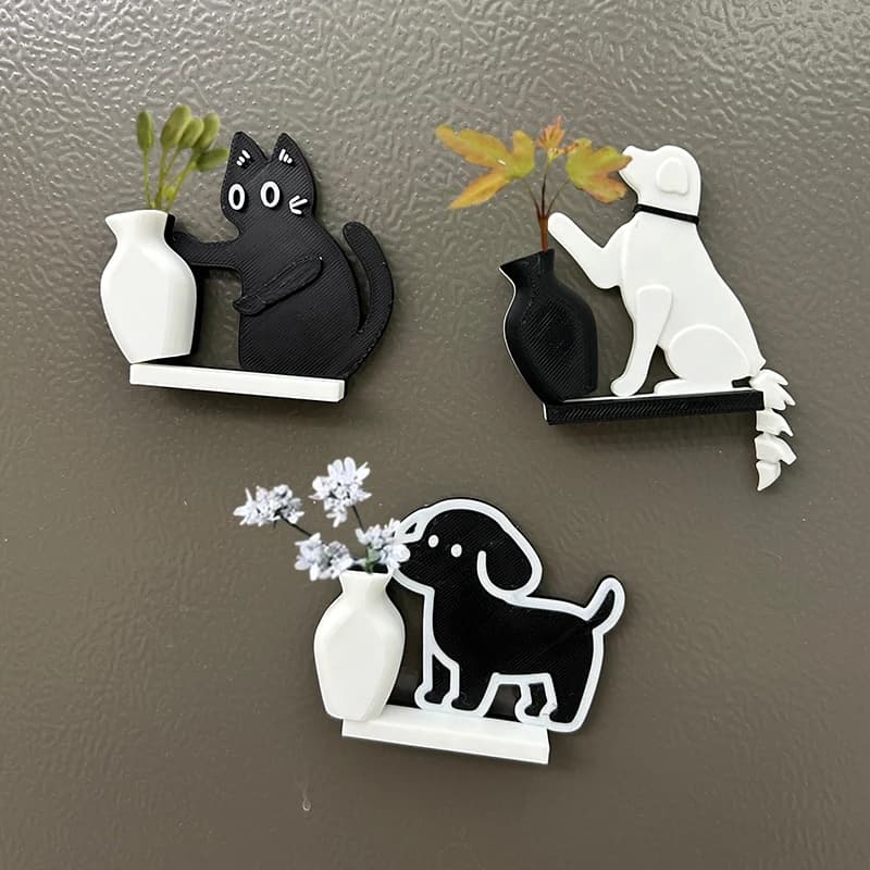 Magnete da Frigo Decorativo a Forma di Cane che Spinge un Vaso, Collezione di Animali con Baffi, Ornamento per Casa e Ufficio, Regalo Perfetto