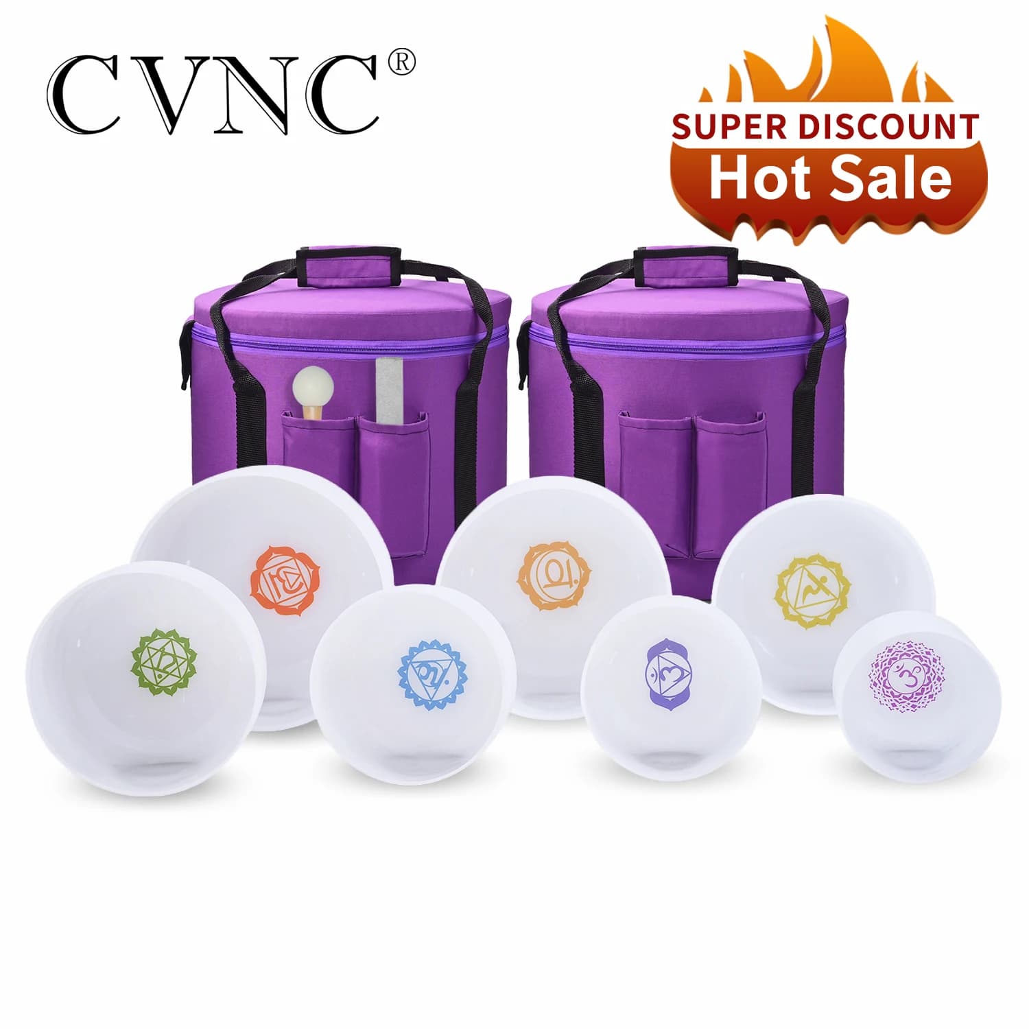 CVNC 7-12" Chakra Design Crystal Singing Bowls Frosted Chakra Quartz set 7 PCS for Stress Relief with Free 11" 12" Carrying Bags