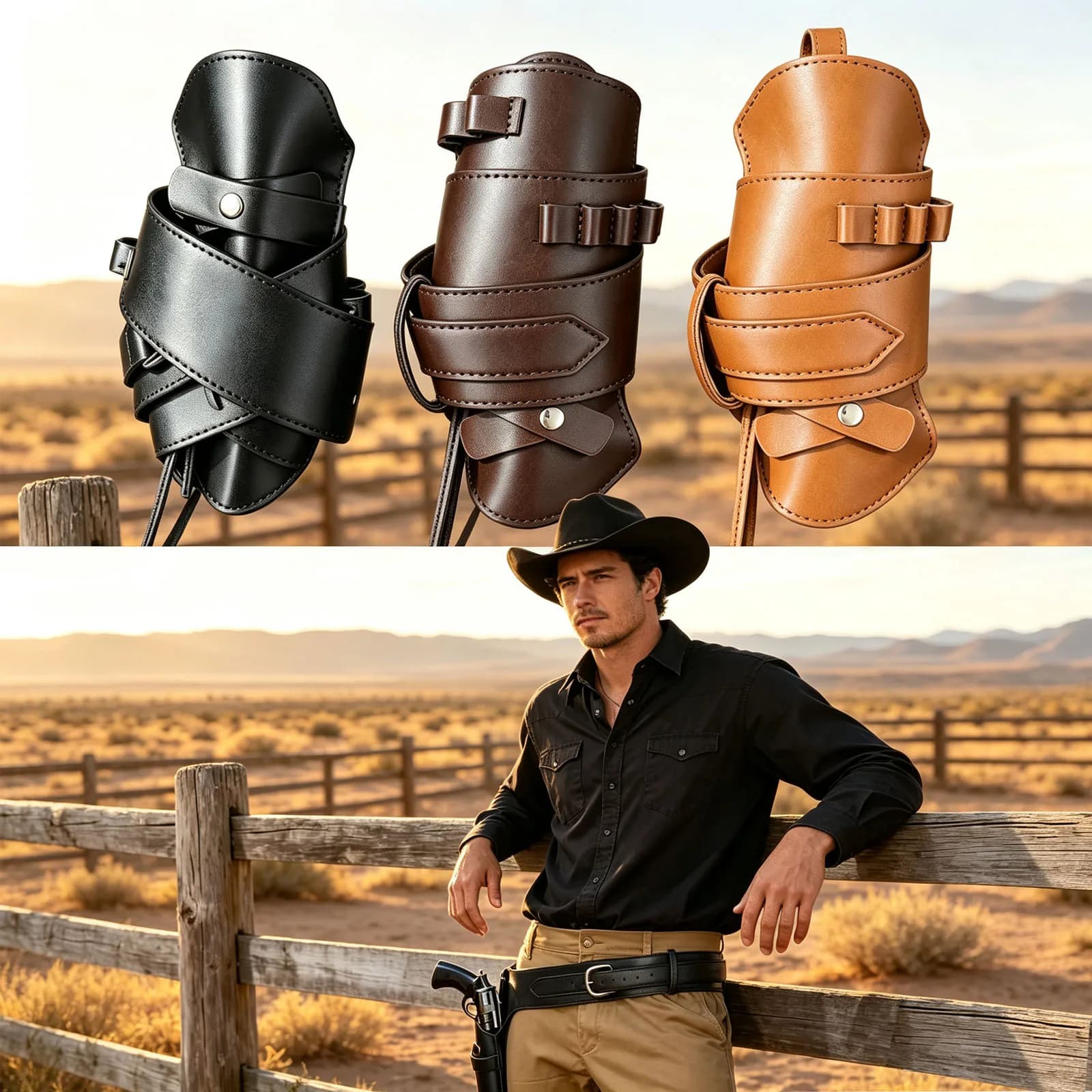 Western Cowboy Belt Gun Holster, Vintage PU Leather Gun Holster for Cosplay & Outdoor Costume (Can Be Adjusted Left and Right)