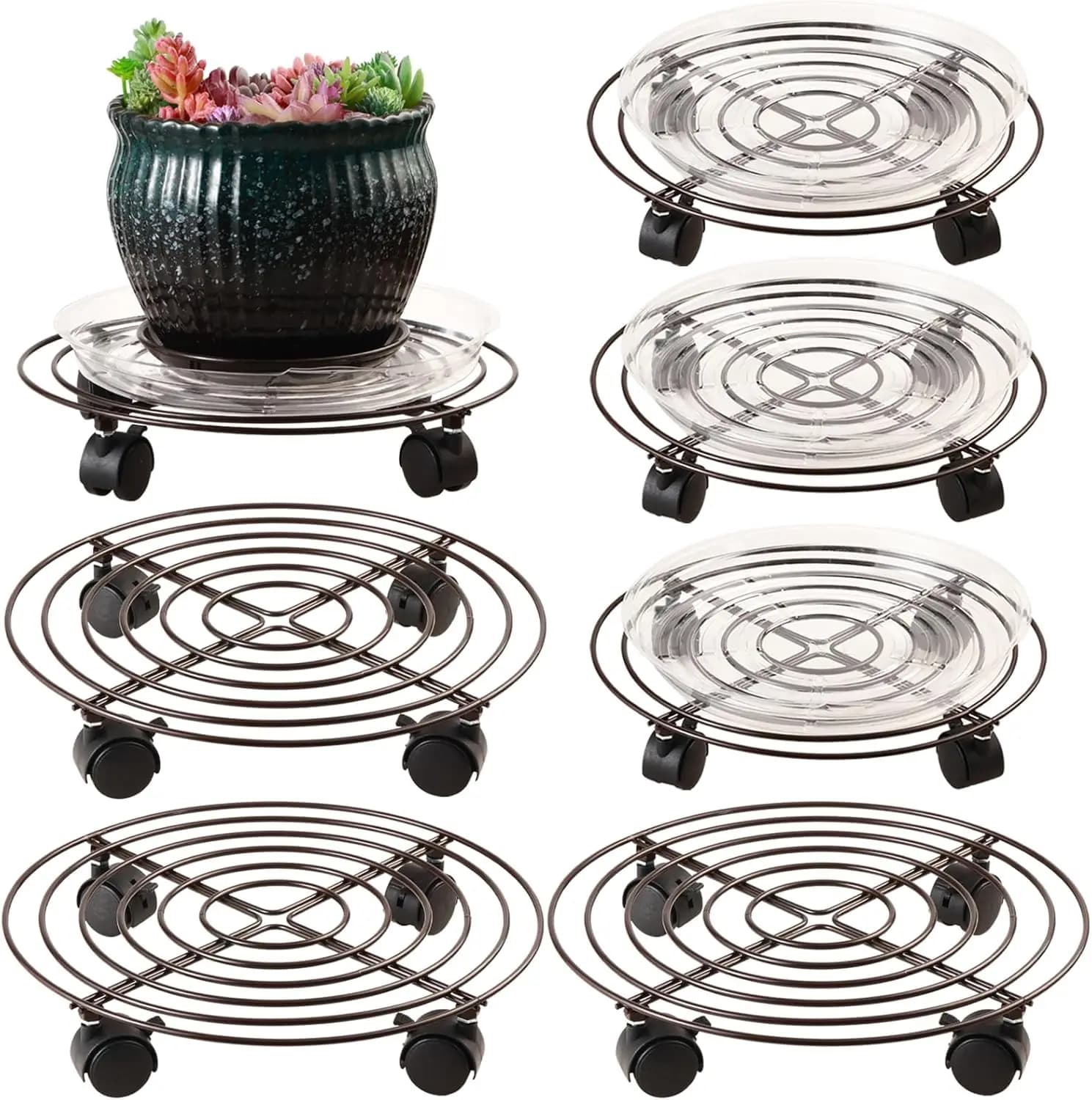 Set of 6 Supports for Plants on Resistent Wheels, Vase Transporters for Interior and Exterior