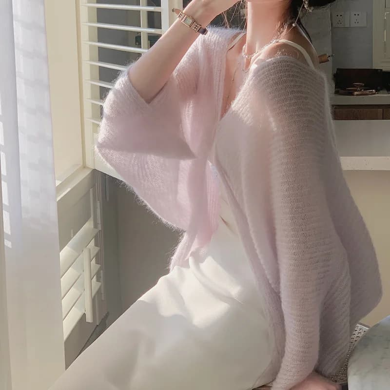 Cardigan Bianco in Mohair Design Coreano Primavera Estate Casual Protezione Solare