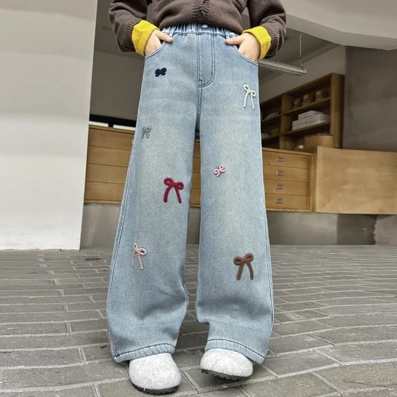 Jeans Casual Larghi per Ragazze, Pantaloni Morbidi con Ricamo a Fiocco, Jeans Dritti in Denim, Abbigliamento Primaverile 5-12 Anni