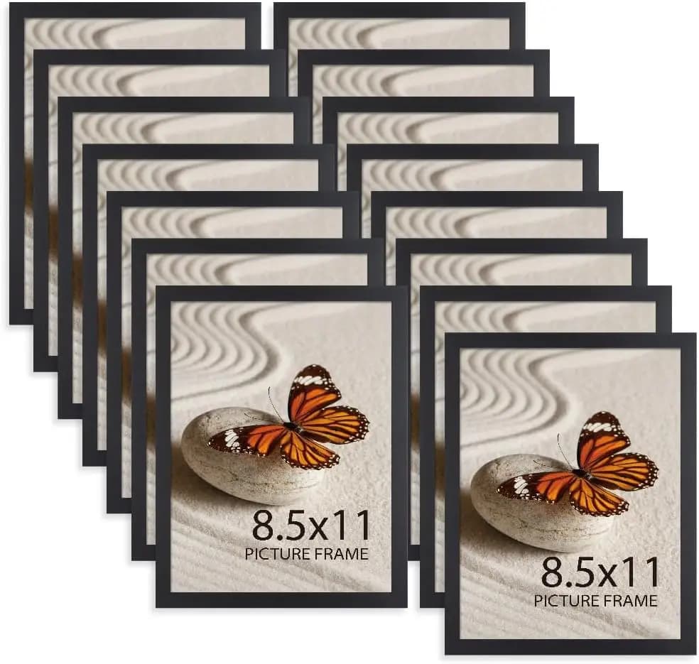 Set di 15 Cornici 8.5x11 con Vetro Infrangibile per Esposizione a Parete o su Tavolo, Design Moderno Nero