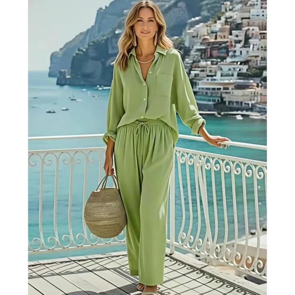Autumn New Fashion Long-sleeved Shirt Women Trousers Suit Casual Loose Elastic Waist Thin Belt Trousers Female Daily 2-piece Set