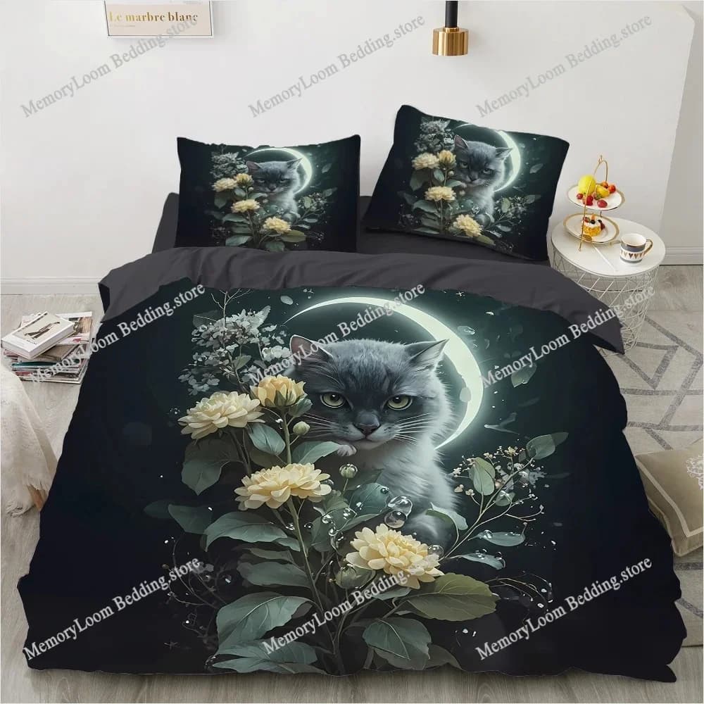 Set biancheria da letto king size per gatti – Set copripiumino stampato in 3D Bed Queen Camere da letto e regali di lusso (Gatto, fiori, luna)