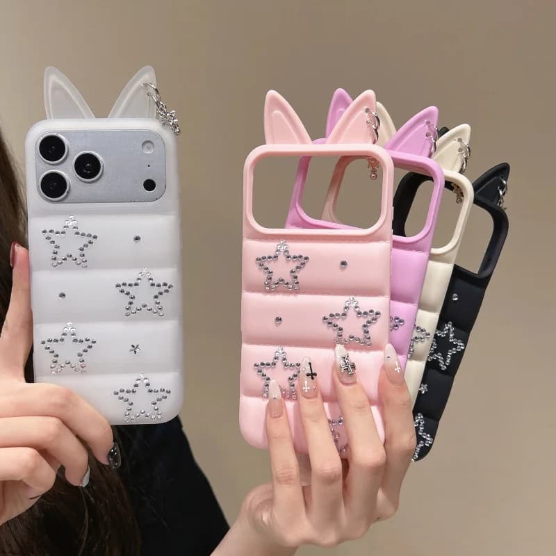 Luxury 3D Rhinestone Fox Cat Ears Shockproof Phone Case For iPhone 17 16 15 14 13 12 Pro Max Sparkling Diamond Fashion Cover