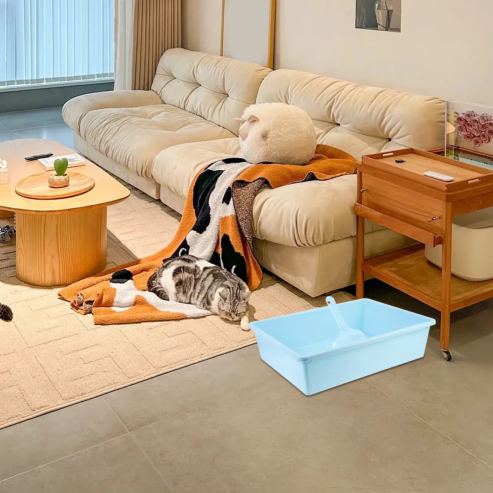 Set di 1 Lettiera Aperta Robusta per Gatti, Ampio Spazio, Design a Basso Ingresso con Paletta, Toilette per Gattini, Forniture per Gatti Domestici e da Viaggio