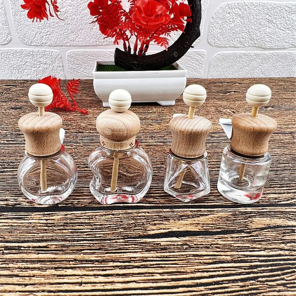 2 pezzi trasparente bottiglia di profumo per auto sfiato vetro vuoto + bottiglia di vetro di legno Clip di profumo per auto diffusore di olio essenziale forniture per auto