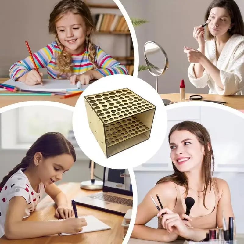Set da 1 Porta Pennelli in Legno Premium a Doppio Strato con 67 Scomparti, Organizzatore da Scrivania per Artisti, Contenitore per Pennelli e Matite, per Arte e Artigianato
