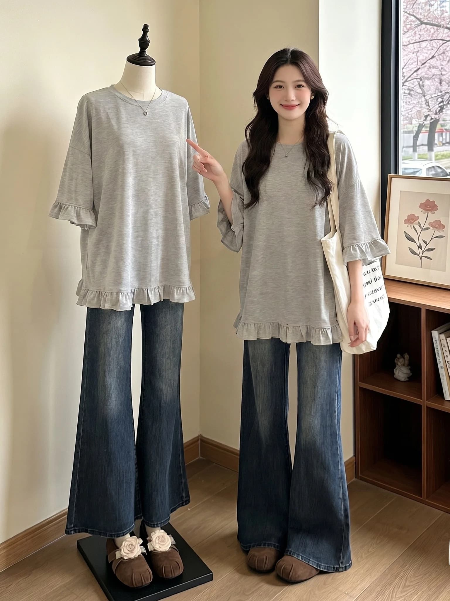 Gray Wooden Short Sleeve T-Shirt Women's plus Size Summer New Style Slimming Belly Covering Mid-Length Loose Fit Top