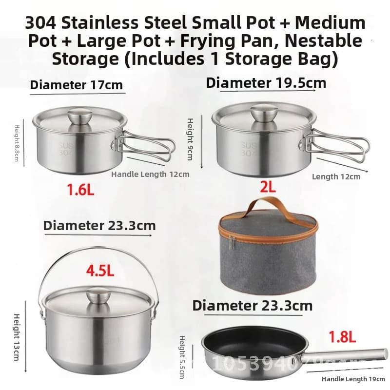4 pcs set of 304 stainless steel outdoor pots Camping pots Suspended pots Combination Multifunction portable teapot and pan