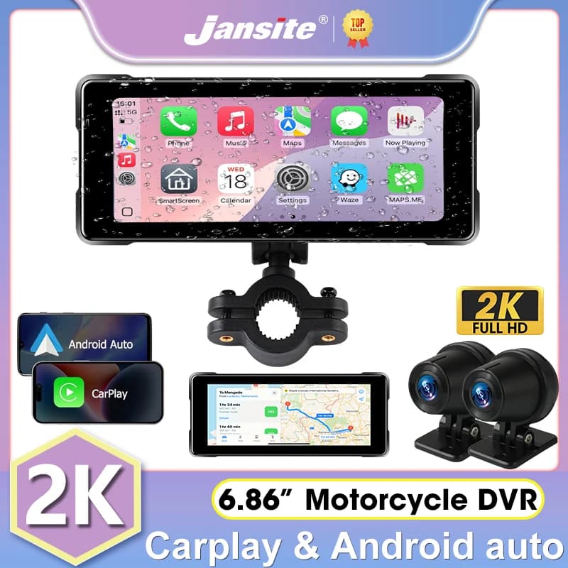Jansite 6.86 "2K Moto DVR 1440P Dash cam IPS Schermo Registrar Carplay Android auto Doppia Lente Moto Camera Casco Bluetooth