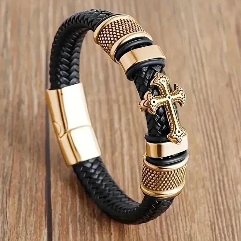 Bracciale Vintage Intrecciato a Mano in Pelle Ecologica con Chiusura Magnetica, Ciondolo Moda Uomo, Gioiello Amuleto Religioso
