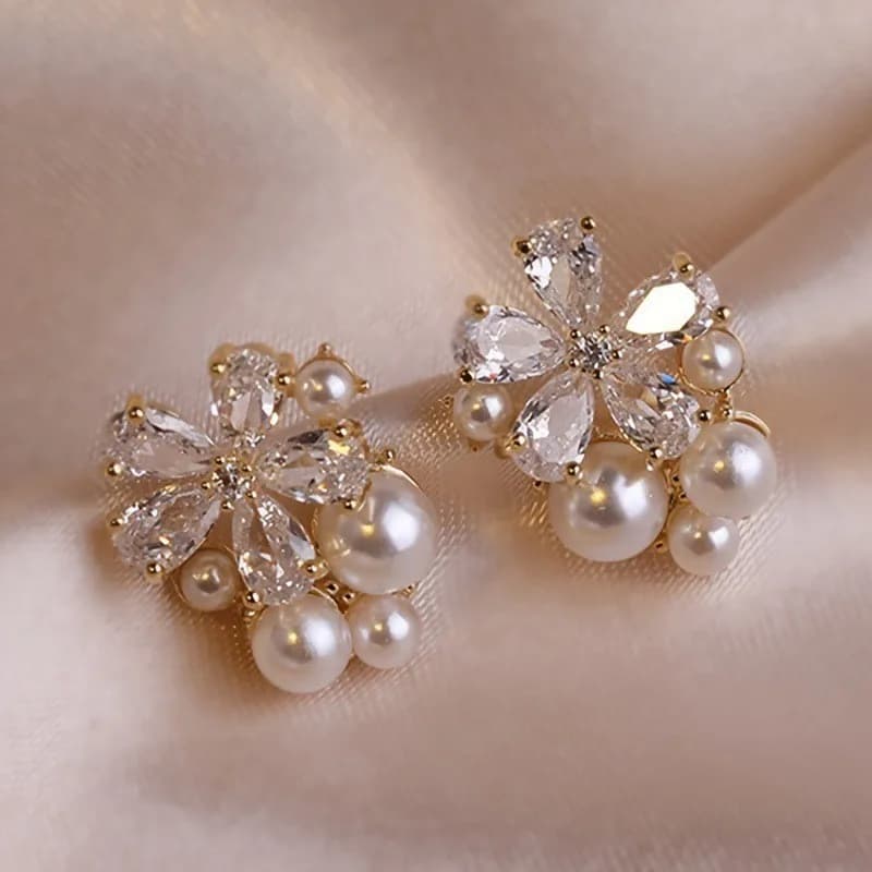 Orecchini a bottone con fiore di cristallo per le donne Fiore dolce imitazione perla zircone orecchino con strass regali di gioielli per feste