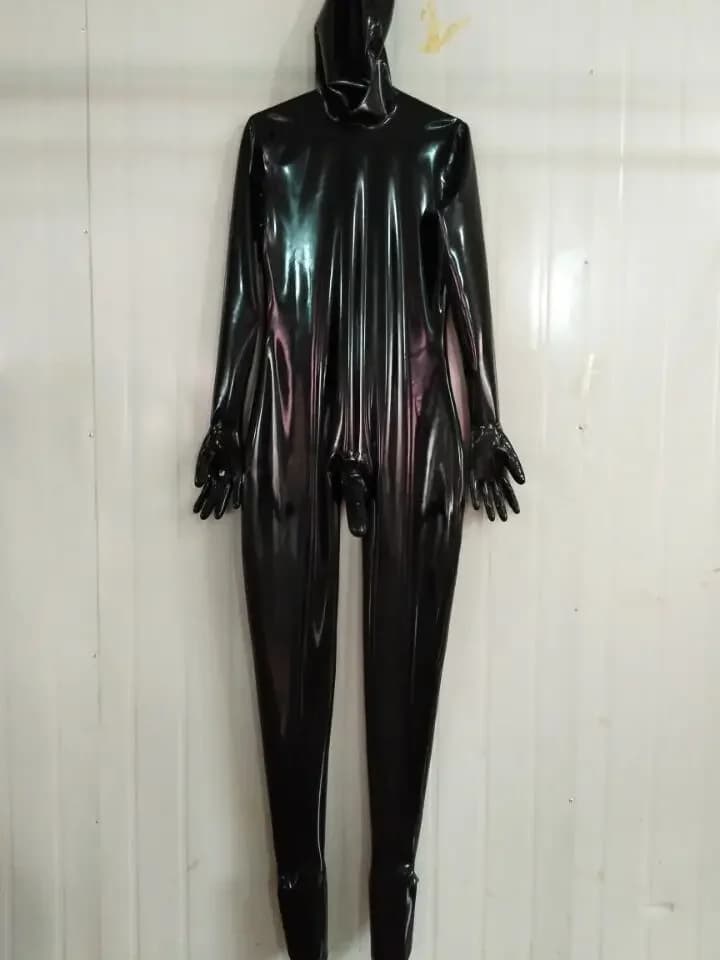 Collant in lattice di gomma Gummi Catsuit Ganzanzig Collant neri con cappuccio Guanti Calzino S-XXL