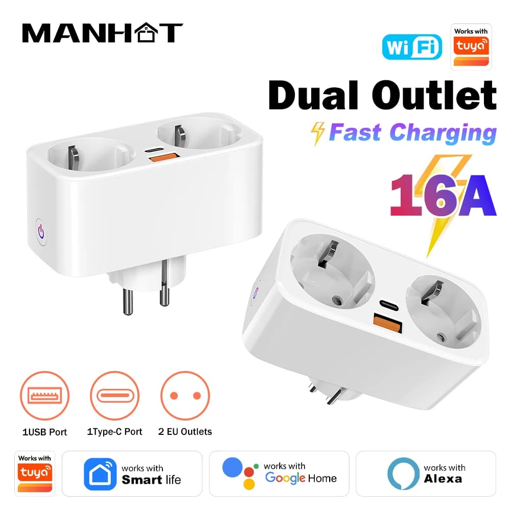 Presa Intelligente WiFi Tuya 16A EU con Ricarica Rapida PD, Presa Intelligente 2 in 1, Compatibile con Alexa e Google Assistant