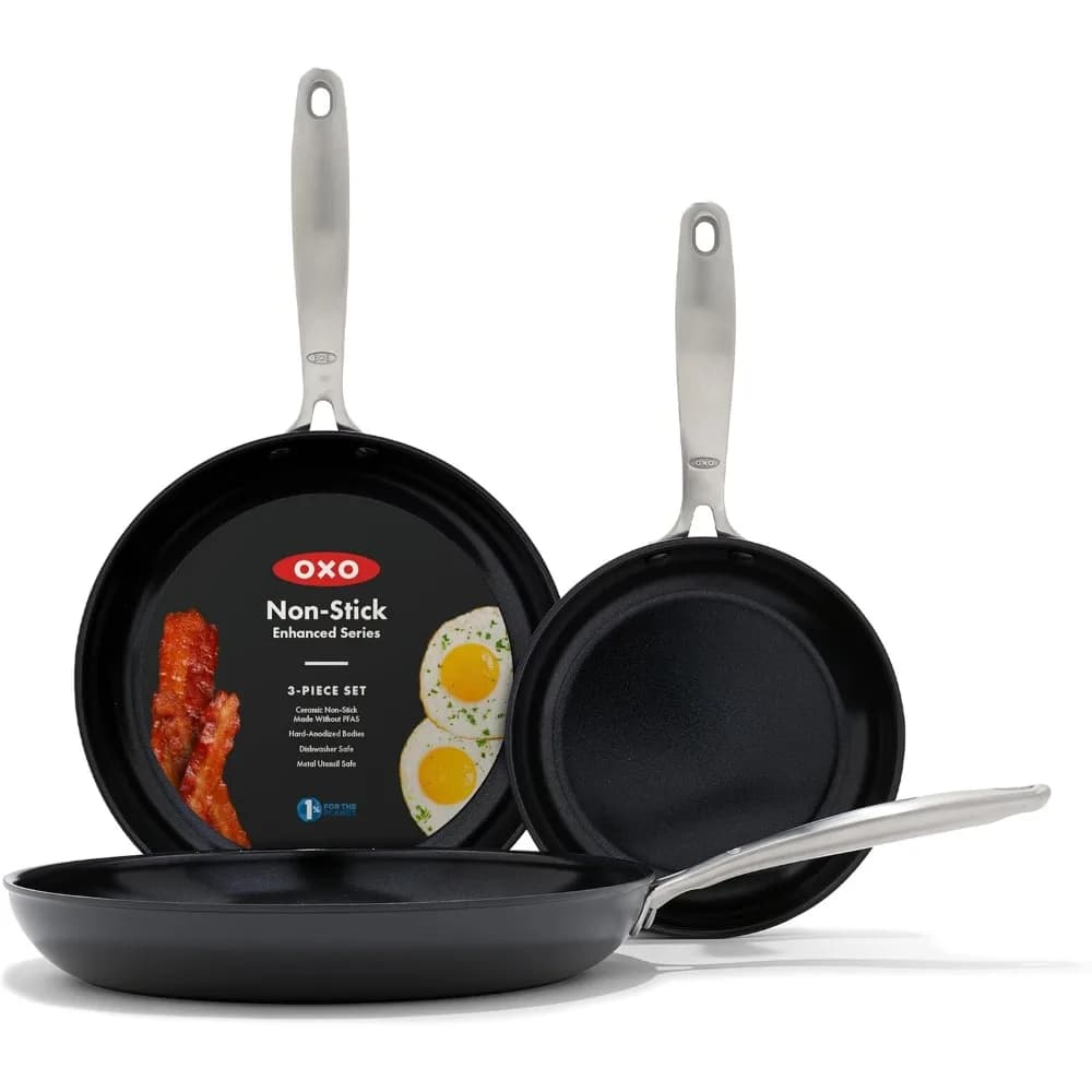 Set di 3 Padelle Antiaderenti Salutari Senza PFAS con Manici in Acciaio Inox, Adatte per Forno e Lavastoviglie