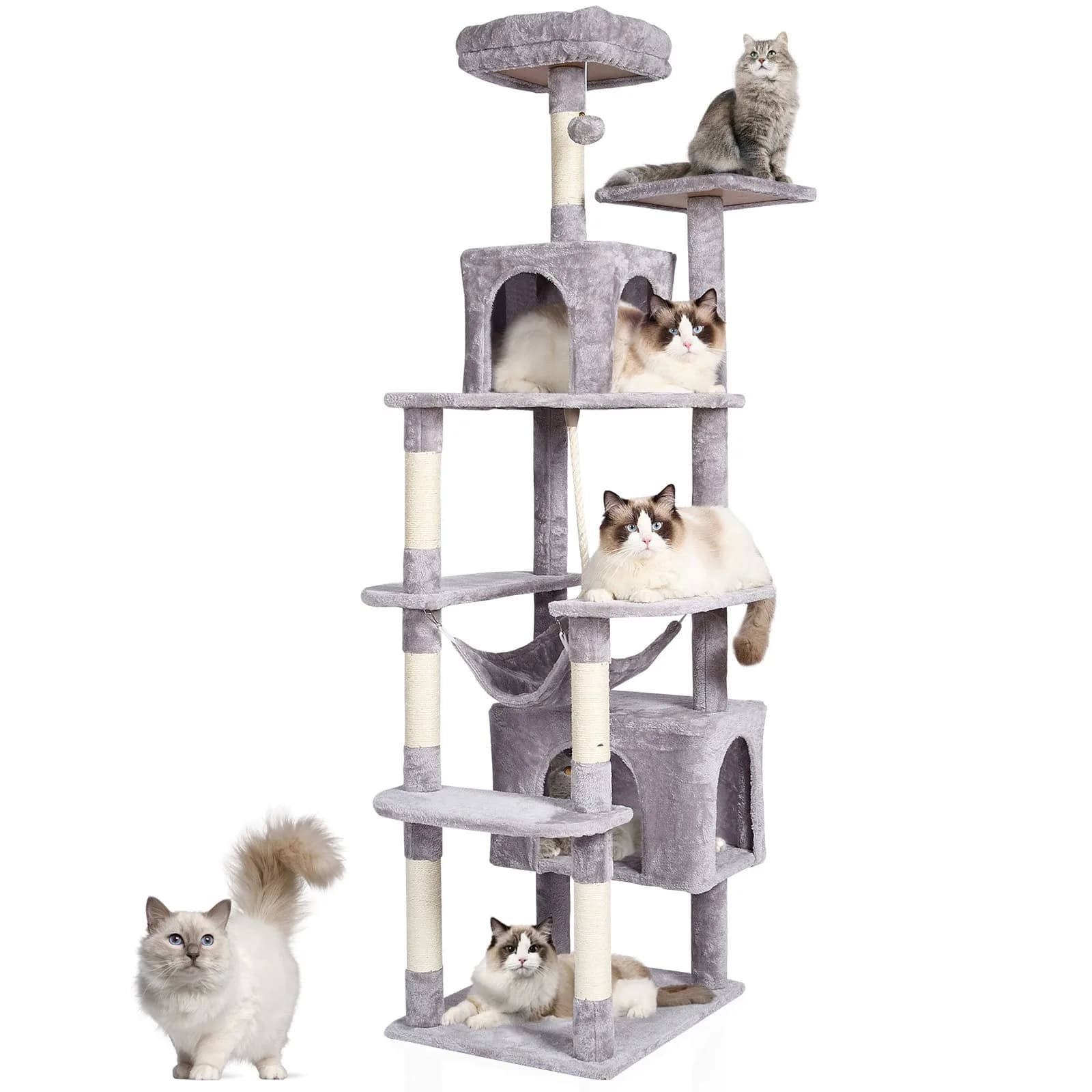 Albero per Gatti 72 Pollici con 2 Casette per Gatti e Tiragraffi in Sisal Grigio Chiaro