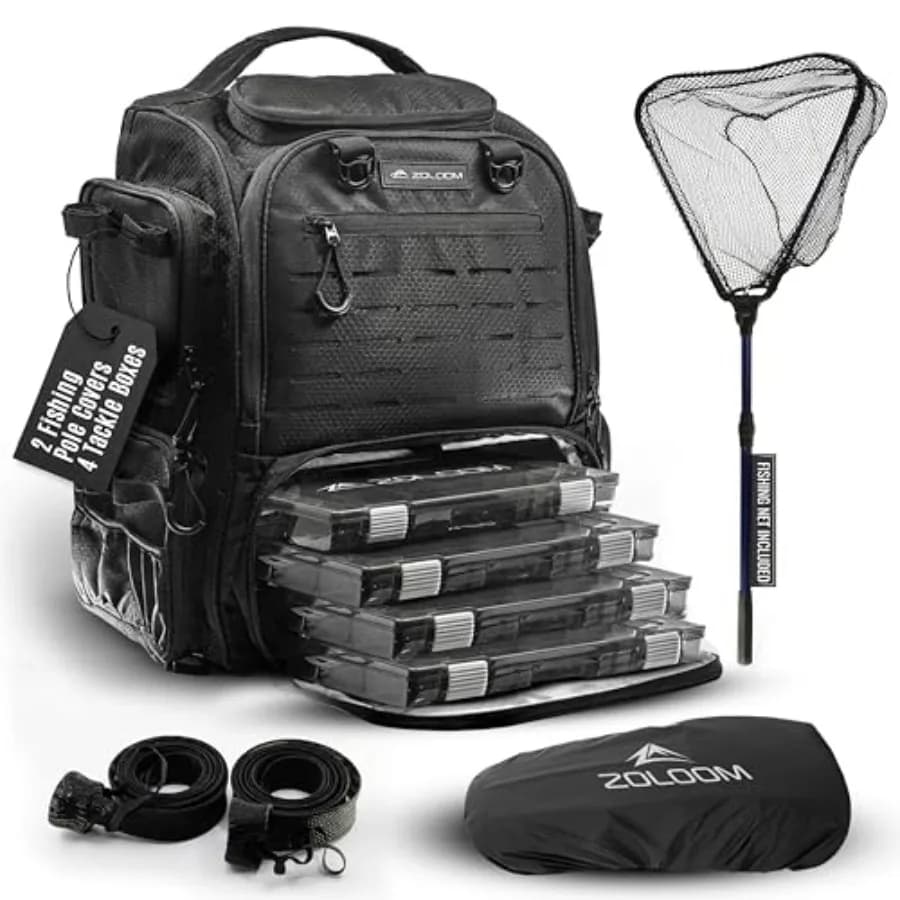 Zaino da Pesca Impermeabile con Scatole Porta Attrezzi, Porta Canna e Rete Pieghevole - Borsa da Pesca 40L con Vassoi Inclusi Extra St