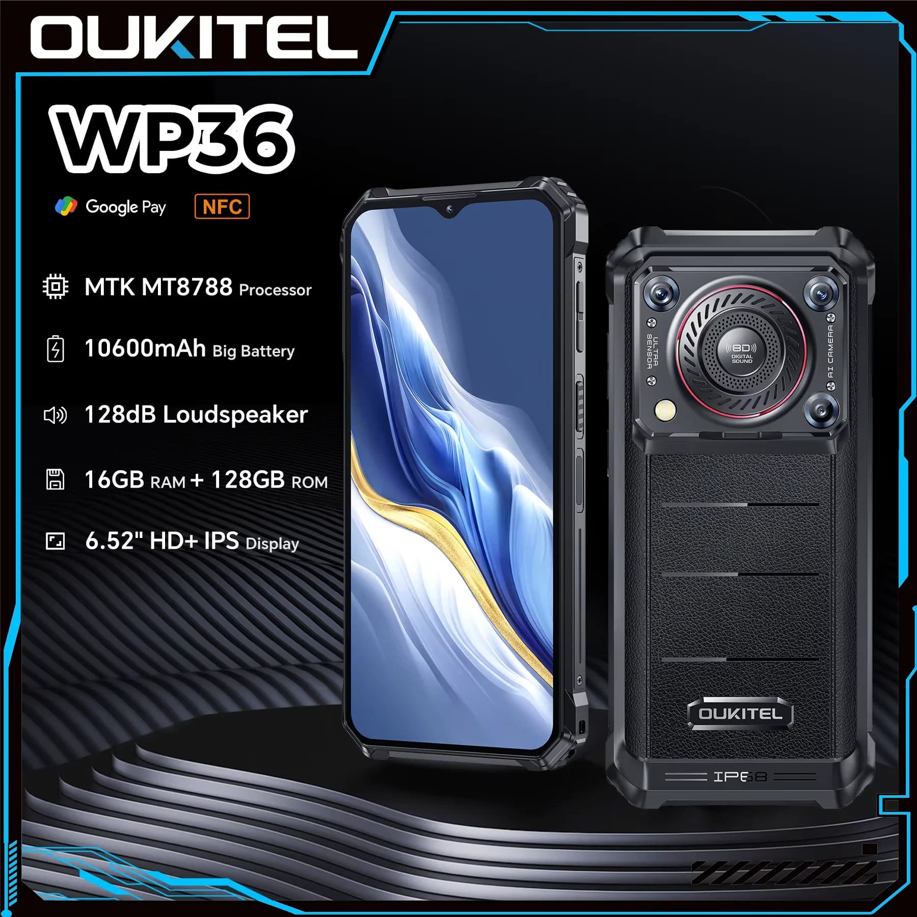 Telefono robusto OUKITEL WP36 - 10600 mAh, display HD+ da 6,52", 16 (8+8) GB+128 GB, 13 MP+fotocamera per visione notturna, smartphone NFC Android 13