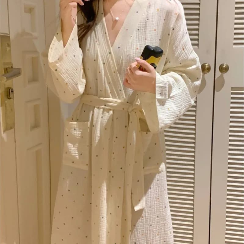 Simple and Fresh Polka Dot Printed Nightgown Women's New Style of Apricot Color Spring and Autumn Long Sleeved Bathrobe Homewear