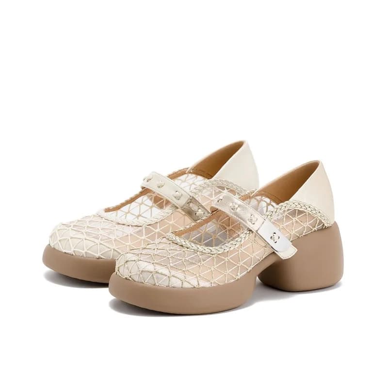 Block Heel Heightened Casual Single Shoes for Women 2026 New Summer Hollow-out Breathable Slip-on Loafers