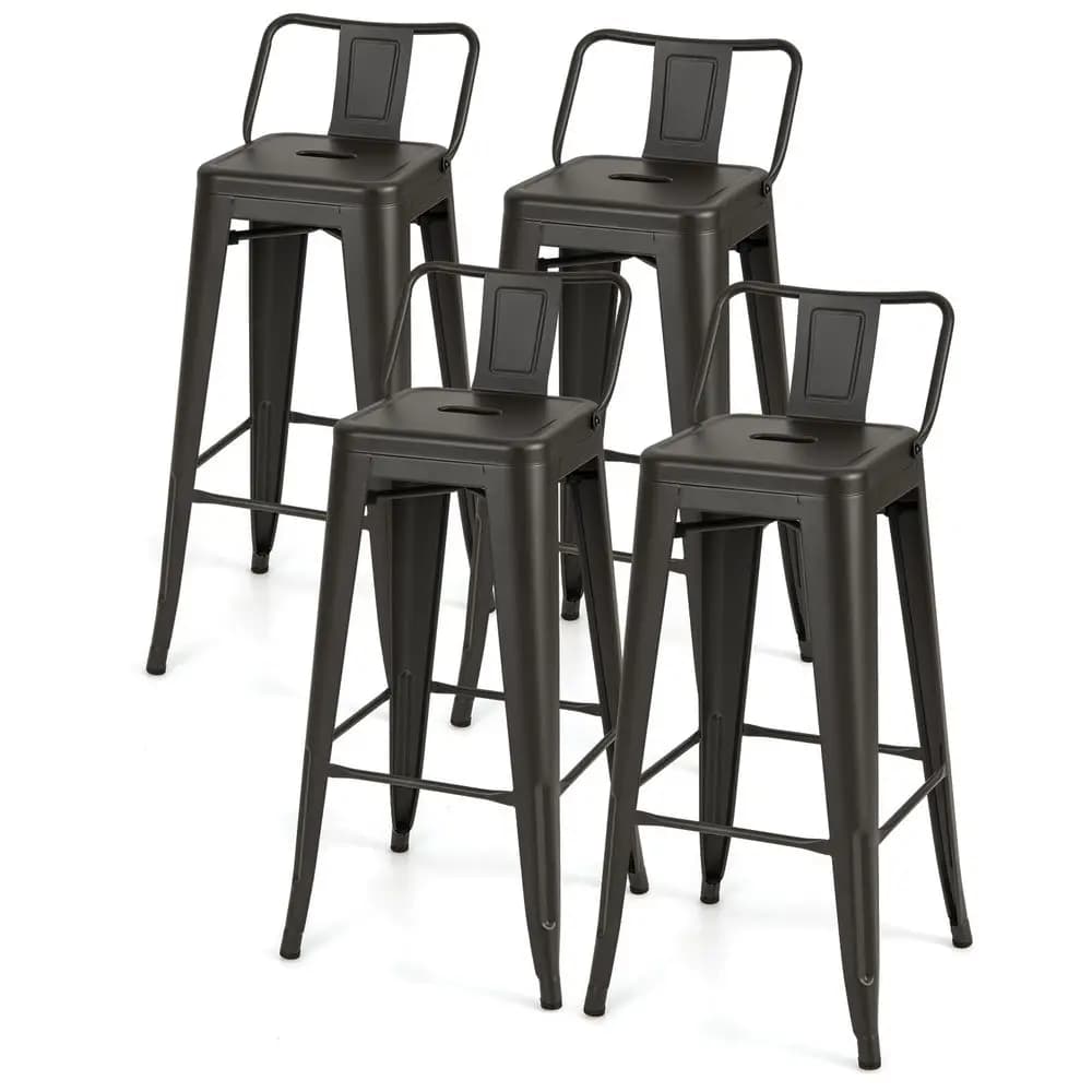 Set di 4 Sgabelli da Bar Impilabili, Sedie da Bar in Metallo con Schienale, Poggiapiedi e Piedini in Gomma Antiscivolo, Altezza Bancone per Colazione