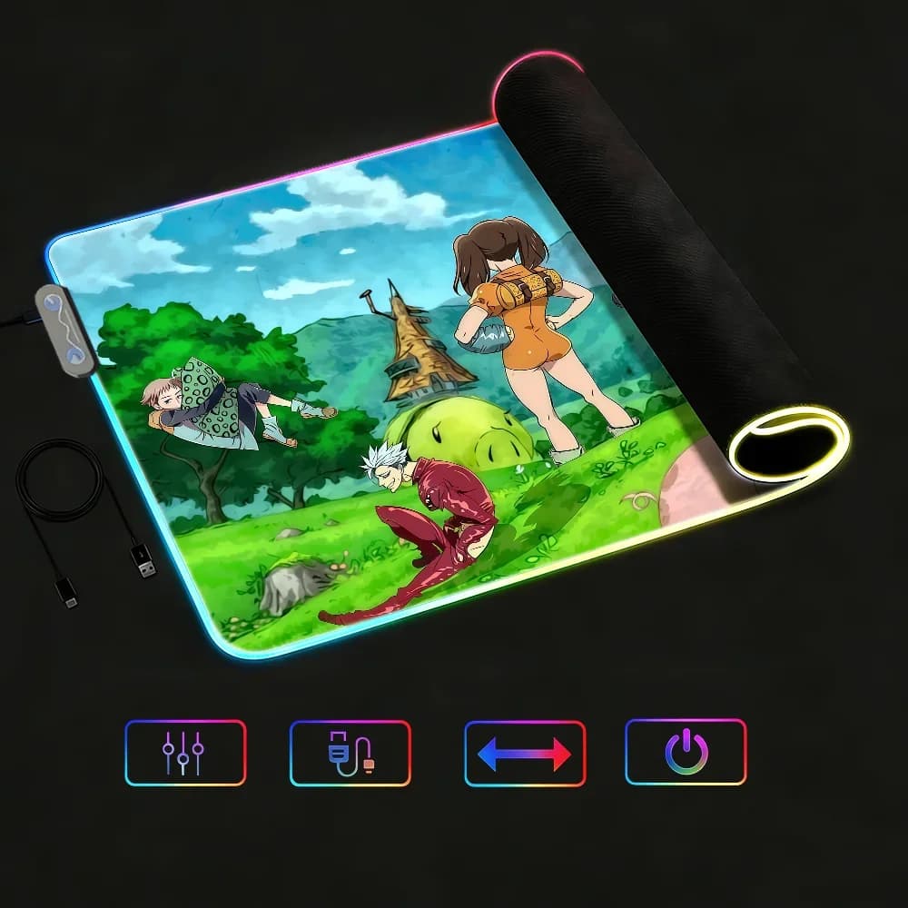 Tappetino per mouse Comic Mouse Pad impermeabile con luce LED RGB colorata, antiscivolo, con motivo The Seven D-Deadly Sins, per tastiera e scrivania.