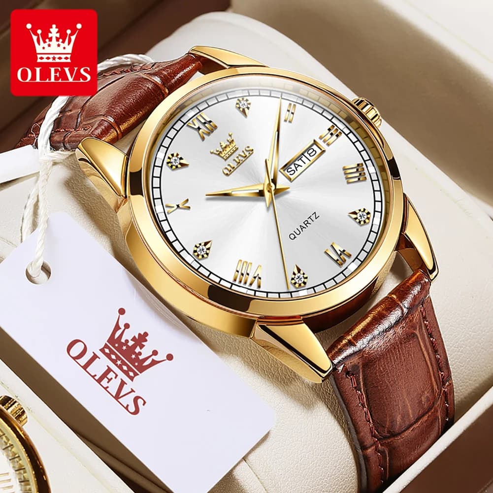 OLEVS 6896 Orologio al quarzo da uomo delle migliori marche, cinturino in pelle luminoso, impermeabile, con data e settimana, orologio da polso casual alla moda per uomo