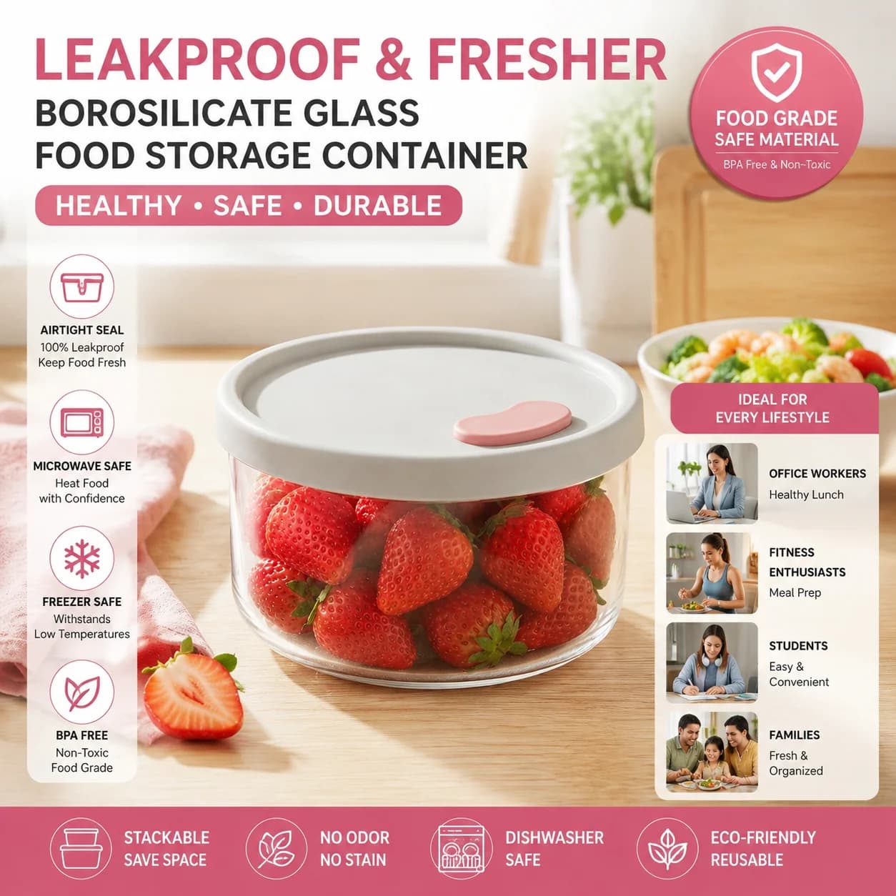 Contenitori Ermetici in Vetro per Alimenti, Lunch Box Antigoccia con Coperchio a Chiusura Ermetica, Design Minimalista Nordico, Adatti per Microonde/Lavastoviglie