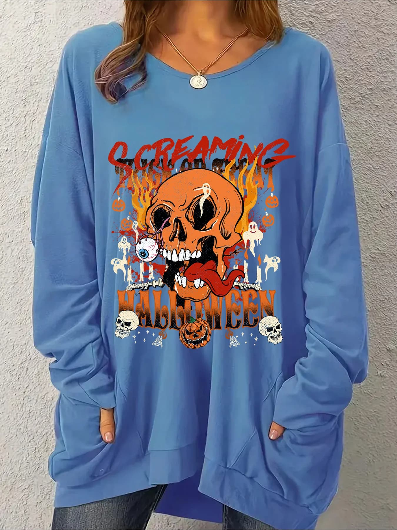 Abbigliamento femminile alla moda a maniche lunghe con scollo rotondo, taglie forti, felpa con cappuccio ampia personalizzata e originale con stampa teschio e fiamme