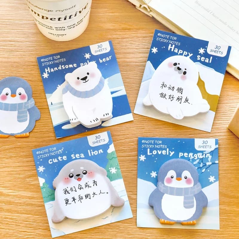 48 pz/lotto Blocco Memo Adesivo Kawaii Orso Polare Pinguino Foca, Etichette Carine per Cancelleria, Blocco Note, Adesivi per Planner, Forniture Scolastiche