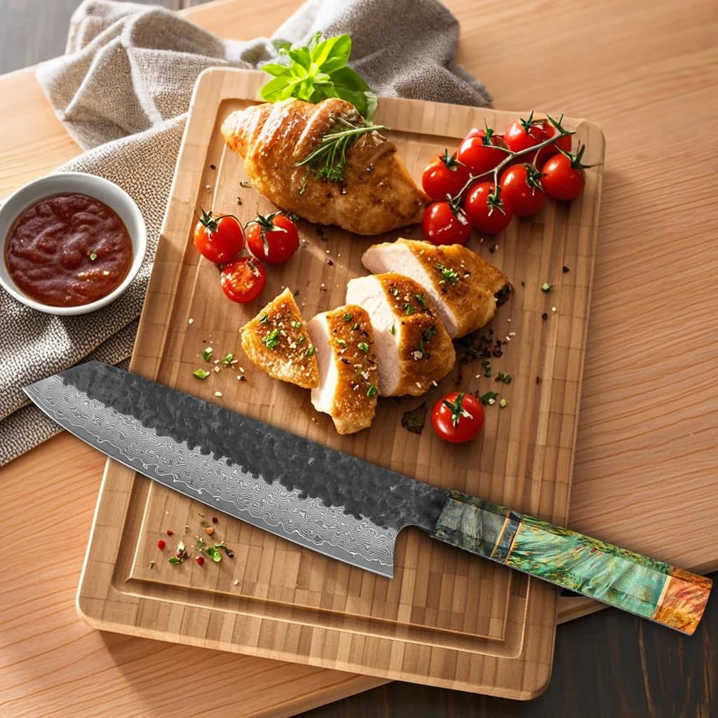 Coltello da Chef Giapponese Professionale Kiritsuke da 8 Pollici in Acciaio Damasco con Manico Ottagonale, Coltello da Cucina Affilatissimo per Carne