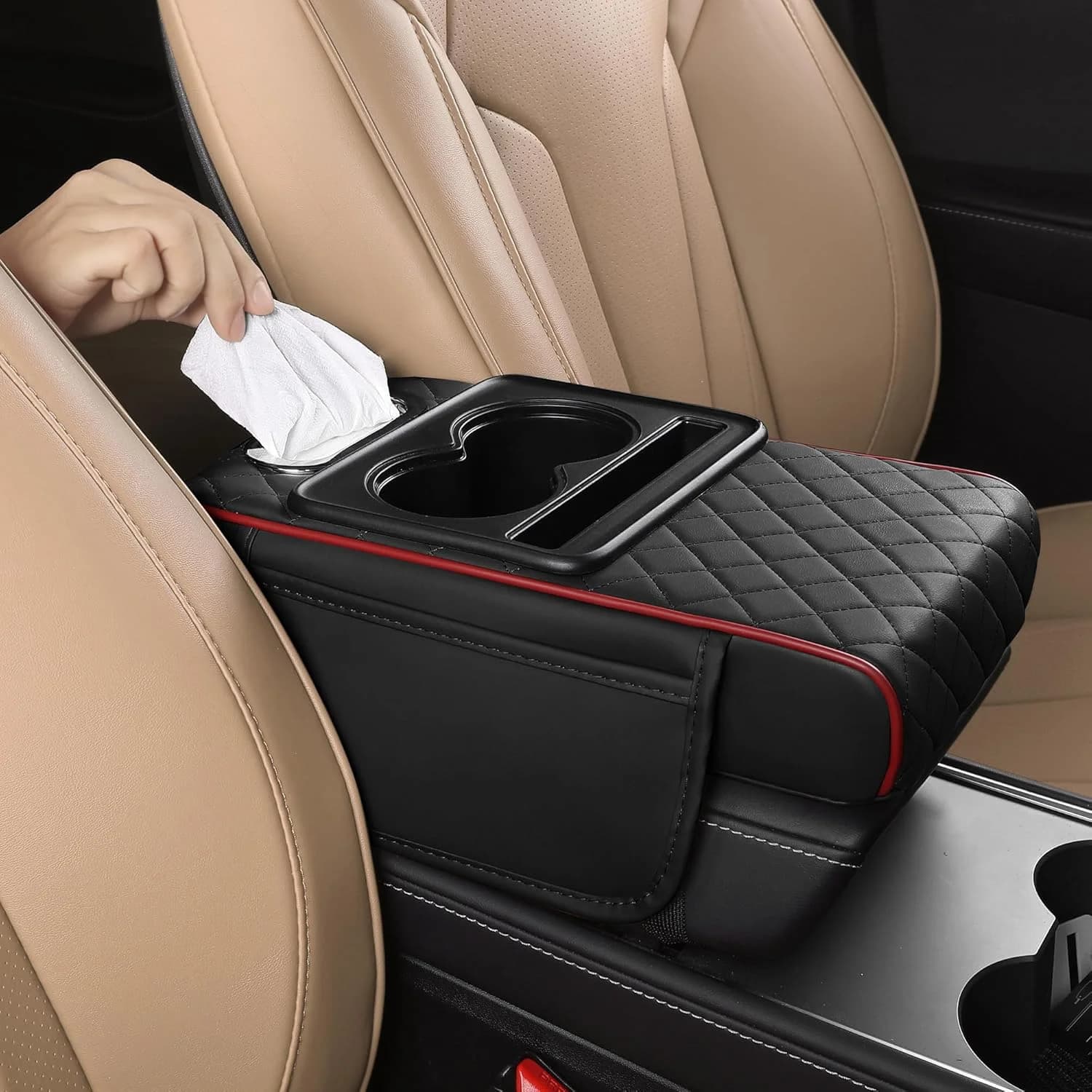 Box portaoggetti 5-in-1 per console centrale auto con poggiabraccio, portabicchieri e 2 tasche laterali, porta fazzoletti, in pelle