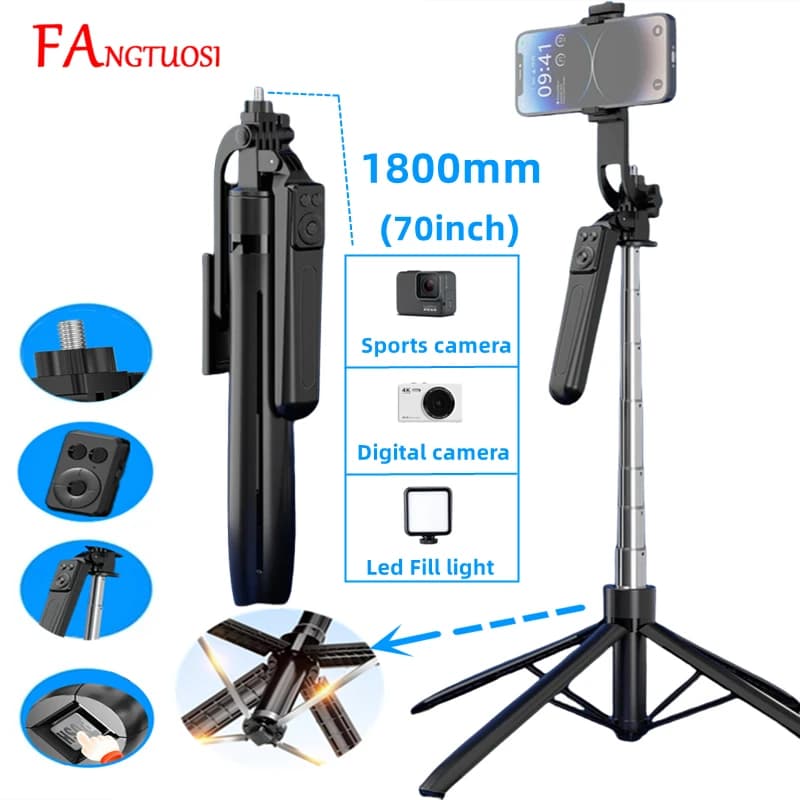 FANGTUOSI Treppiede da 1800 mm per fotocamera smartphone, supporto per treppiedi con otturatore Bluetooth Bastone per selfie wireless Supporto per staffe stabili