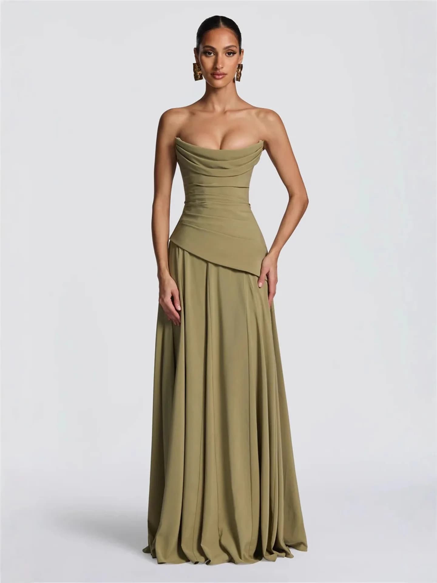 Strapless Sage Green Chiffon Dress Cowl Asymmetric Waist Detachable Neck Sash A-Line Prom Gown For Bridesmaid Wedding Party