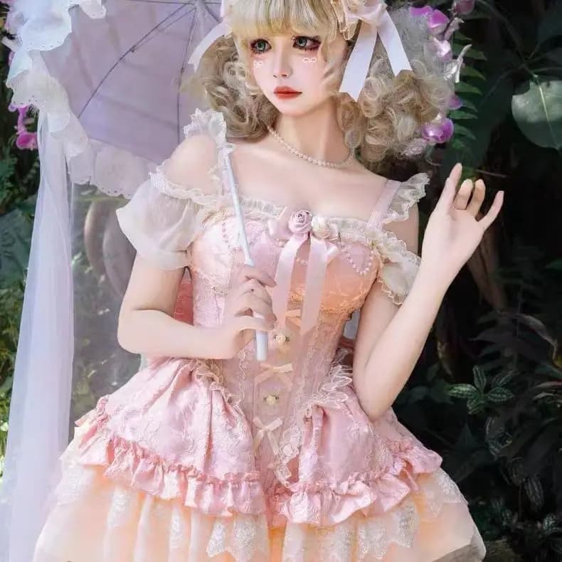 Gagarich 2026 Abito Lolita Giapponese Sweet Girl JSK con Bretelle Blu Chiaro e Rose, Vestito Quotidiano da Principessa Super Fatata